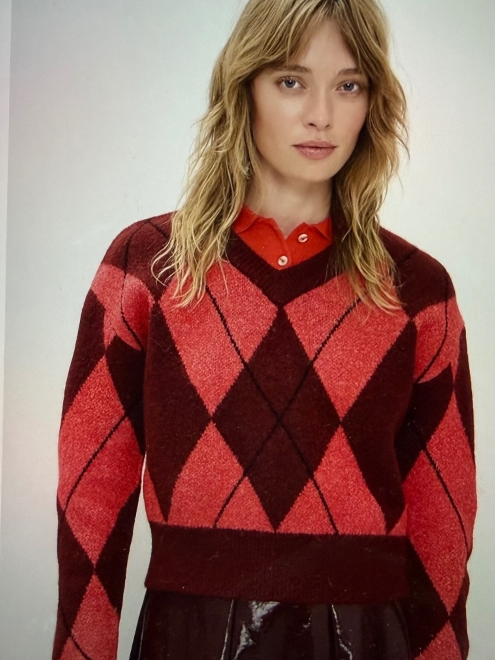 Le Bop Argyle V- Neck Sweater Burgundy Combo Size Small